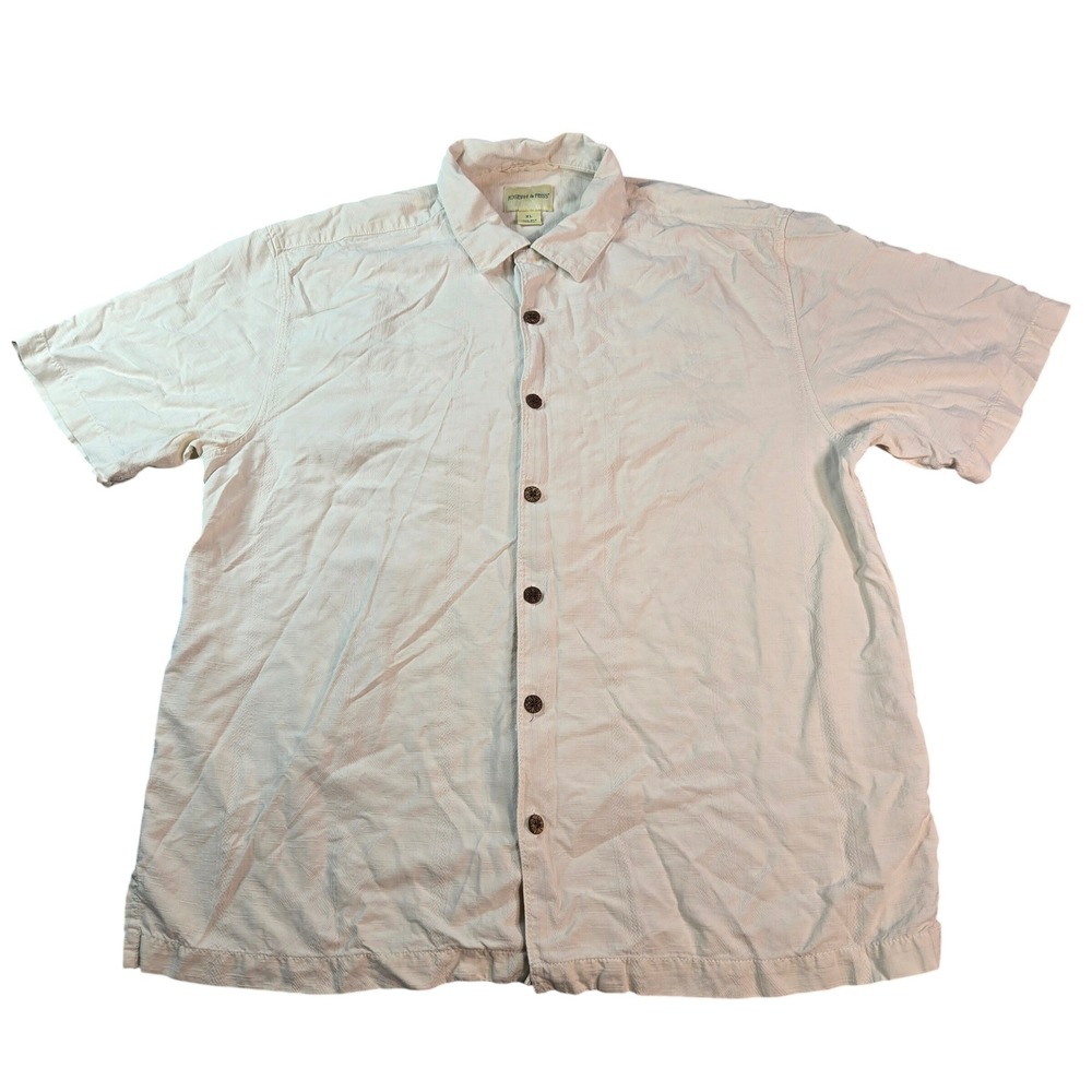 Joseph & Feiss Mens XL Silk Camp Shirt Cream Jacquard Tropical Leaf Short Sleeve